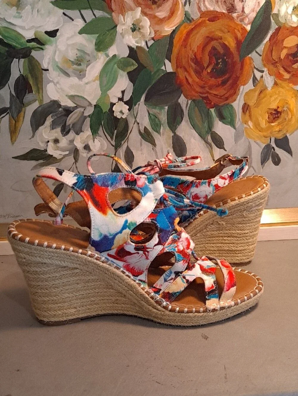 Sugar Hula Multicolor Floral Strappy Lace-Up Espadrille Jute Wedge Sandals